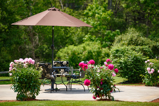 A tranquil garden patio adorned with vibrant peonies and a shade-providing umbrella.