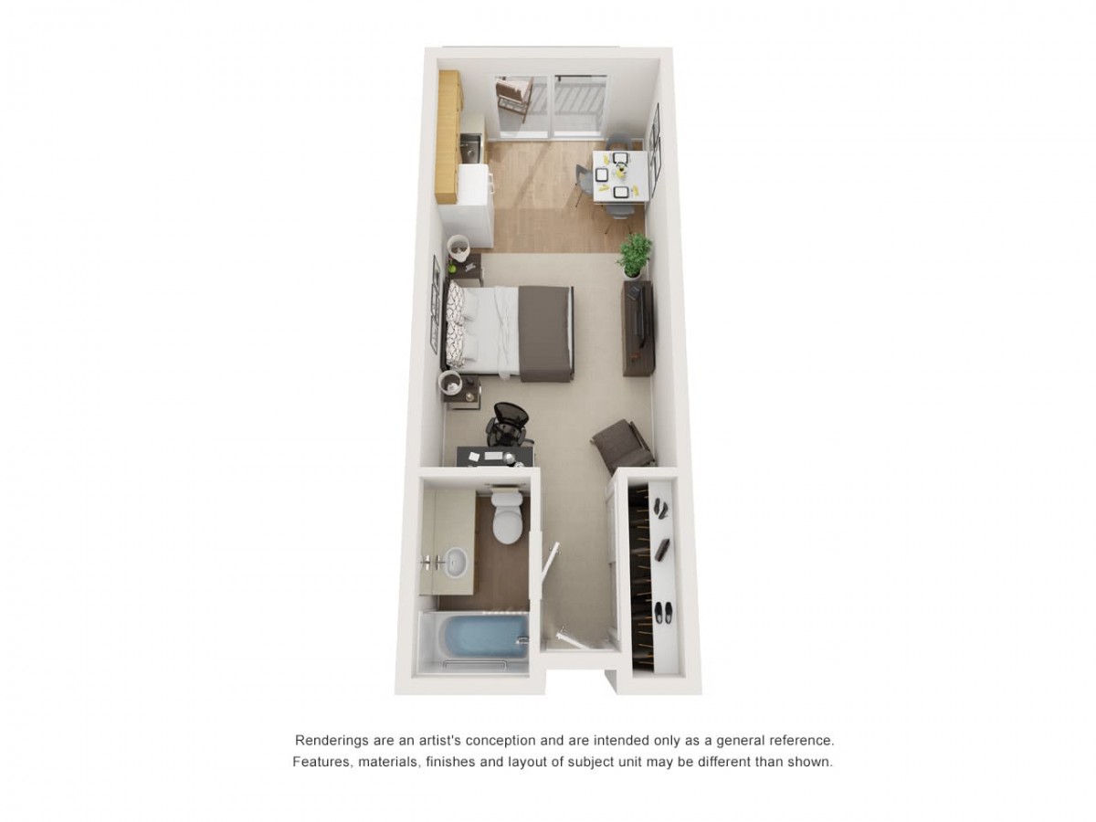 A 3D-rendered floor plan of a compact studio apartment featuring essential living spaces.