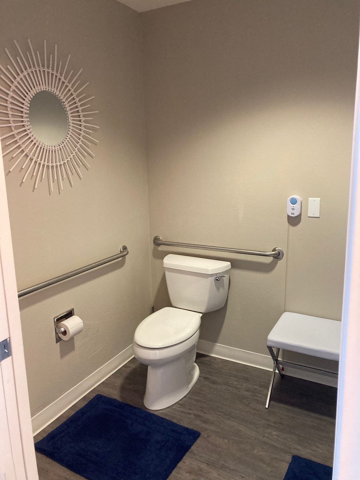 An accessible bathroom with a toilet, handrails, and a decorative mirror.