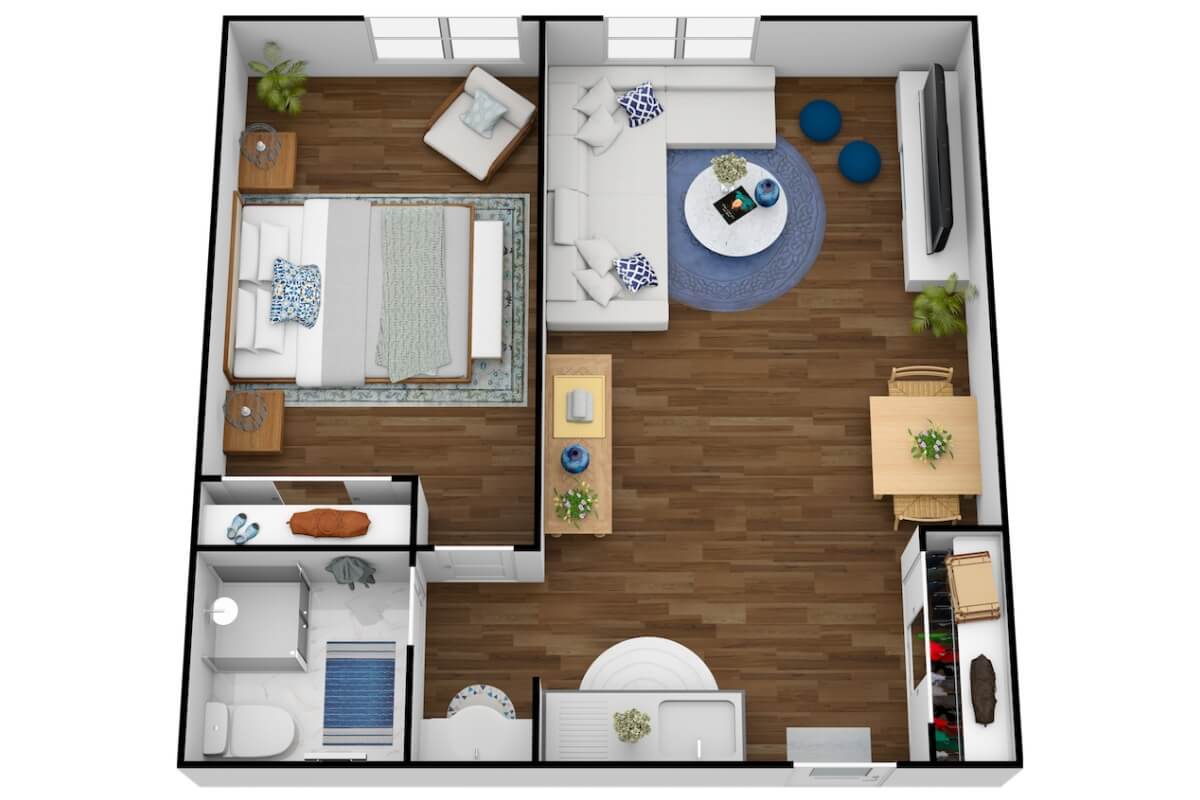 A 3D floor plan of a one-bedroom apartment featuring a living room, kitchen, bathroom, and bedroom with furniture.
