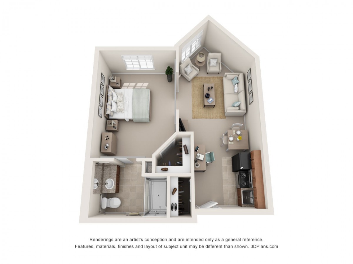 3D rendering of a one-bedroom apartment floor plan showcasing the layout and furniture arrangement.