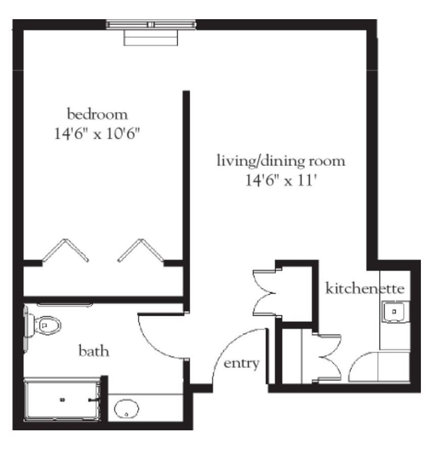 A floor plan showing a one-bedroom apartment with a living/dining room, kitchenette, and bathroom.