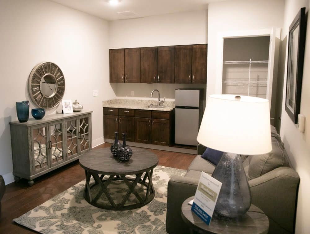 A cozy living room with an adjoining kitchen area featuring modern furniture.