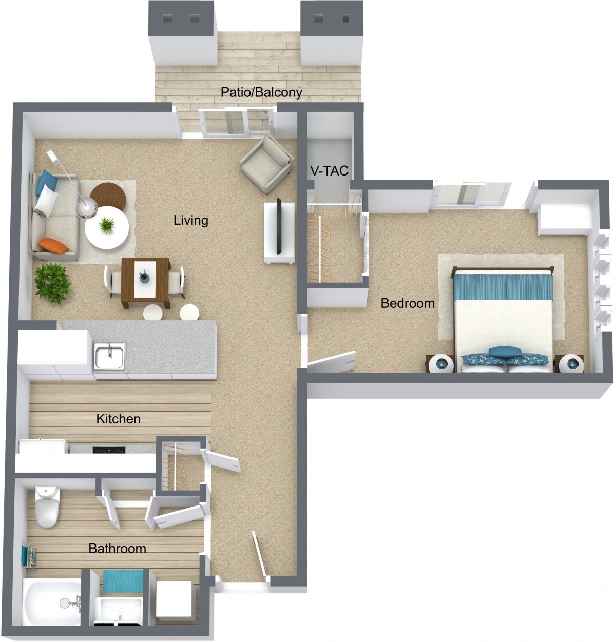 A 3D floor plan of a one-bedroom apartment, featuring a living room, kitchen, bathroom, and patio.