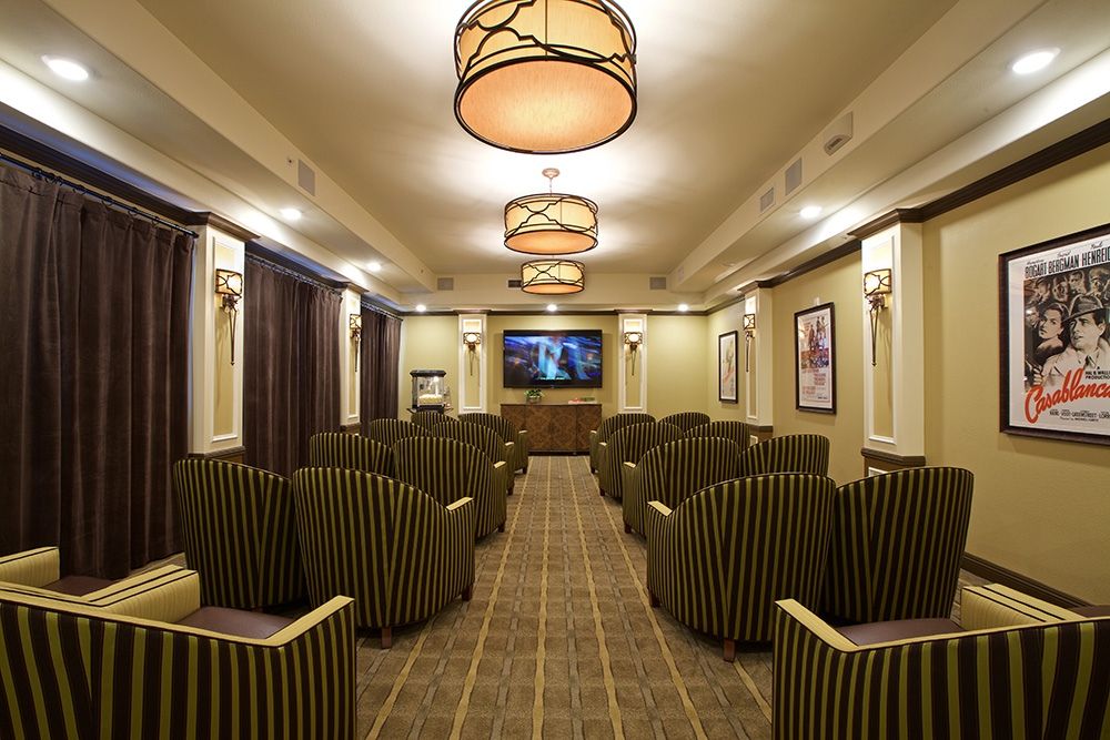 A cozy indoor theater with rows of comfortable seating and warm lighting.