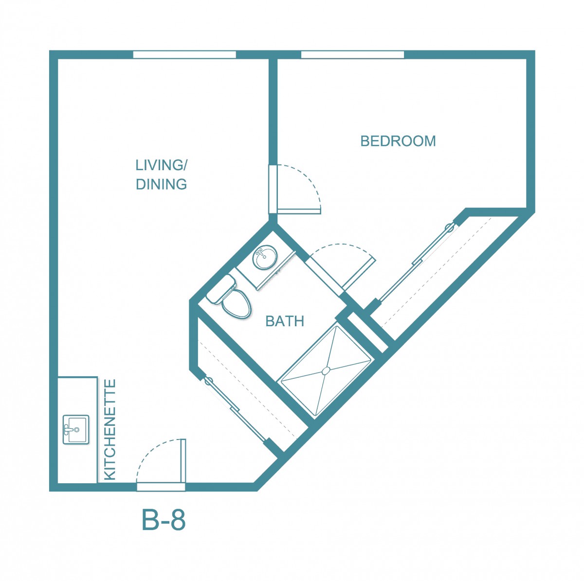 A floor plan of a one-bedroom apartment featuring a living/dining area, kitchen, and bathroom.