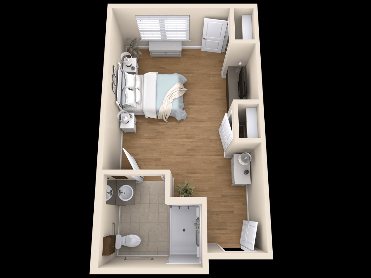 A 3D floor plan of a compact studio apartment featuring a bedroom area, bathroom, and kitchenette.