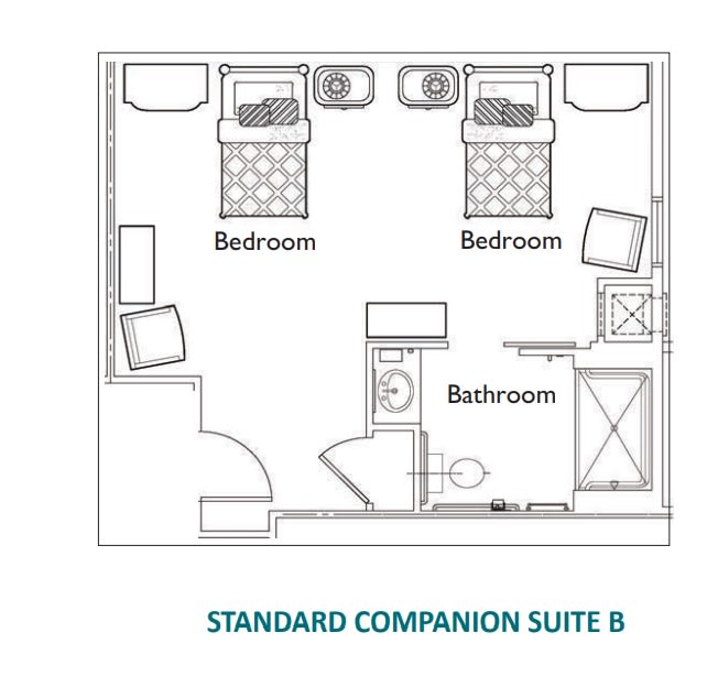 Layout of a Standard Companion Suite B featuring two bedrooms and a bathroom.
