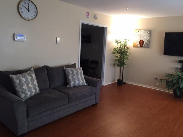 A cozy living room with a gray sofa, decorative cushions, and a wall clock. A potted plant and artwork add charm to the space.