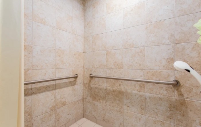 A tiled bathroom corner with metal grab bars.