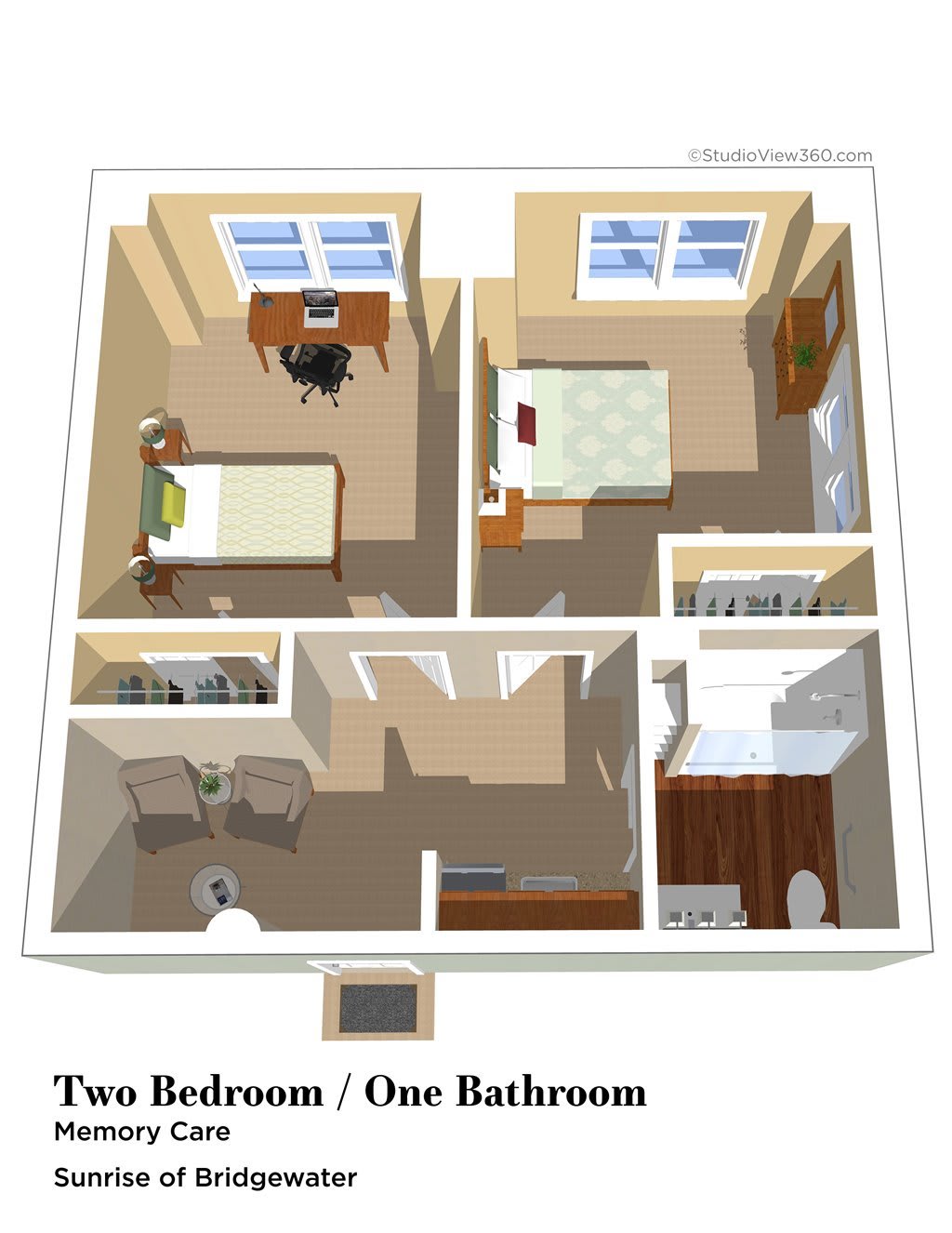 Two-bedroom, one-bathroom apartment layout.
