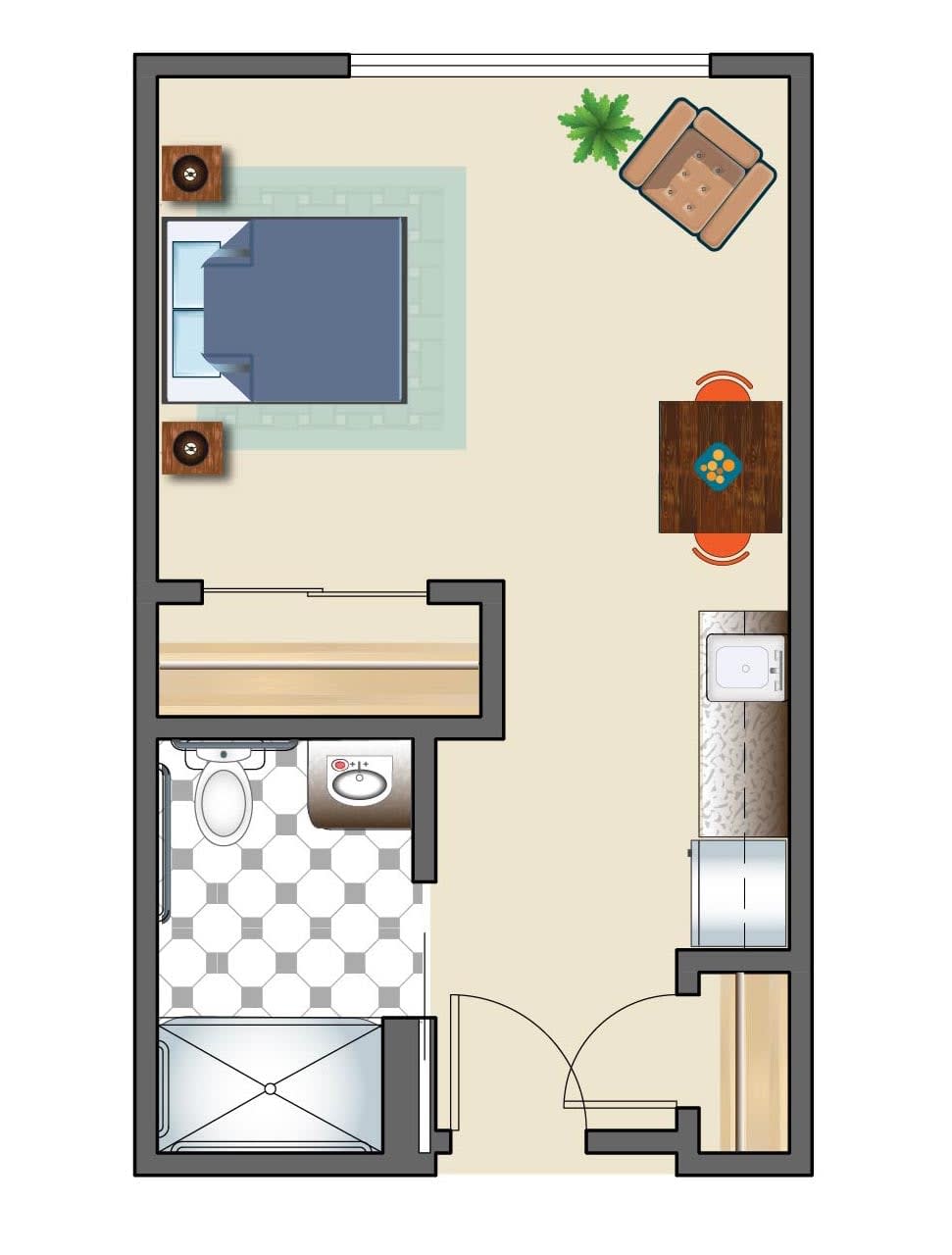 Floor plan of a single-bedroom apartment with a living room and bathroom.
