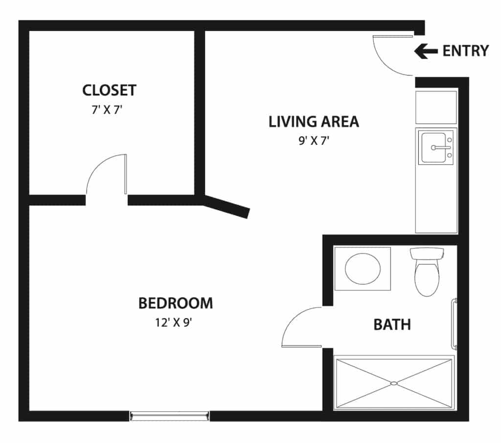 A simple apartment floor plan with one bedroom, living area, closet, and bathroom.