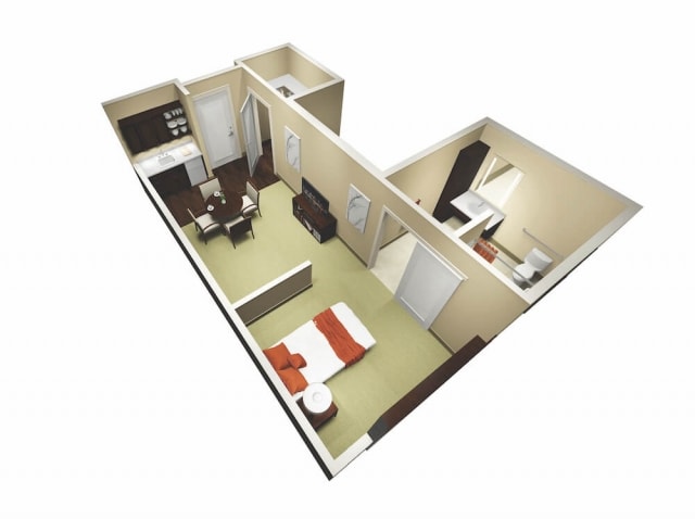 3D floor plan of a one-bedroom apartment with living room, kitchen, and bathroom.
