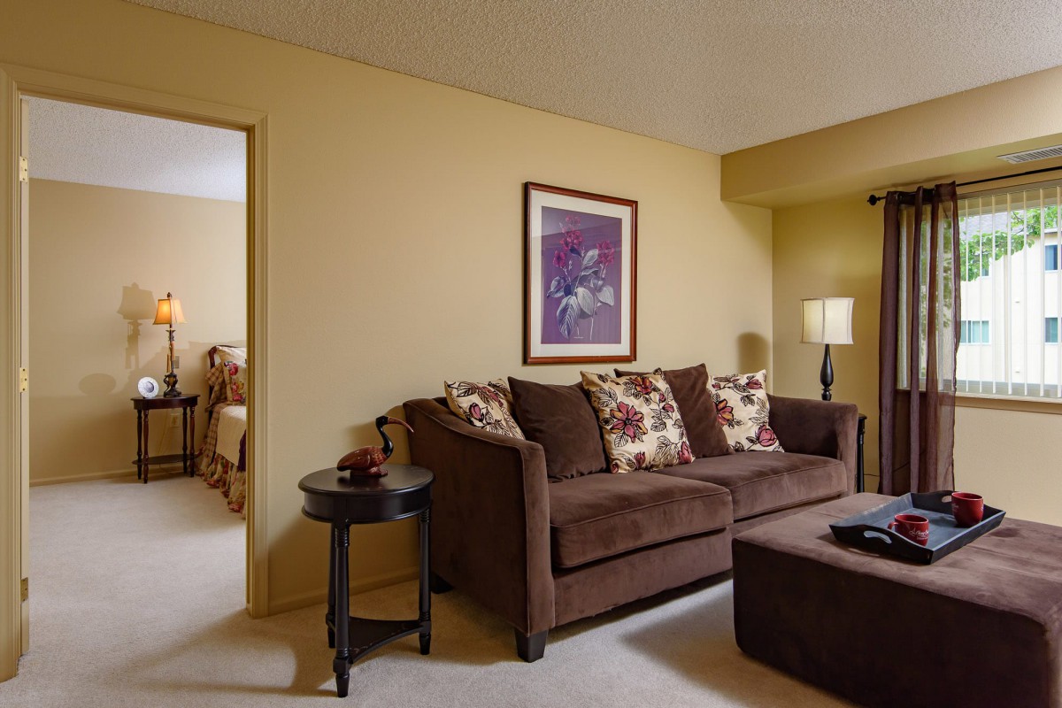 A cozy living room featuring a brown sofa, decorative pillows, and a framed artwork on the wall.
