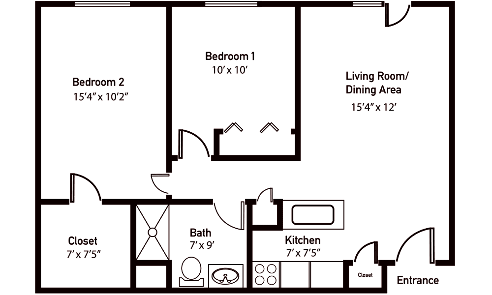 A floor plan of a two-bedroom apartment with labeled room dimensions.