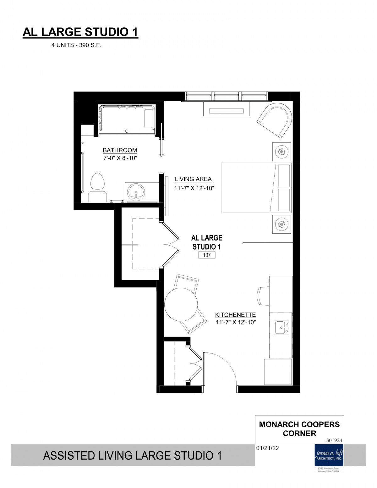 Studio apartment floor plan with separate bedroom and kitchen areas.