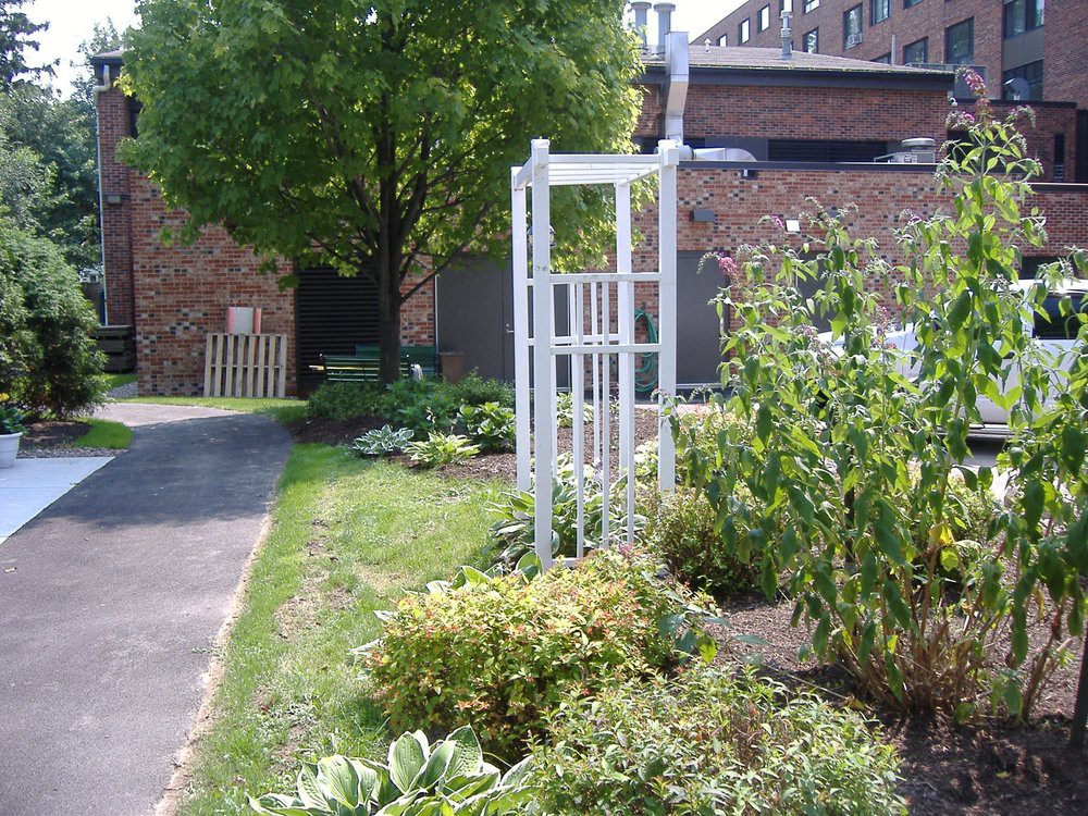 A garden with a white arbor surrounded by lush greenery and a pathway.