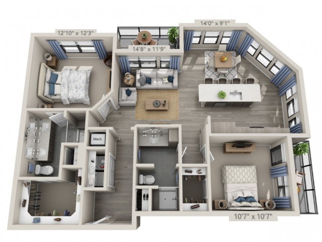A 3D rendered floor plan of a two-bedroom apartment featuring an open concept living area and kitchen.