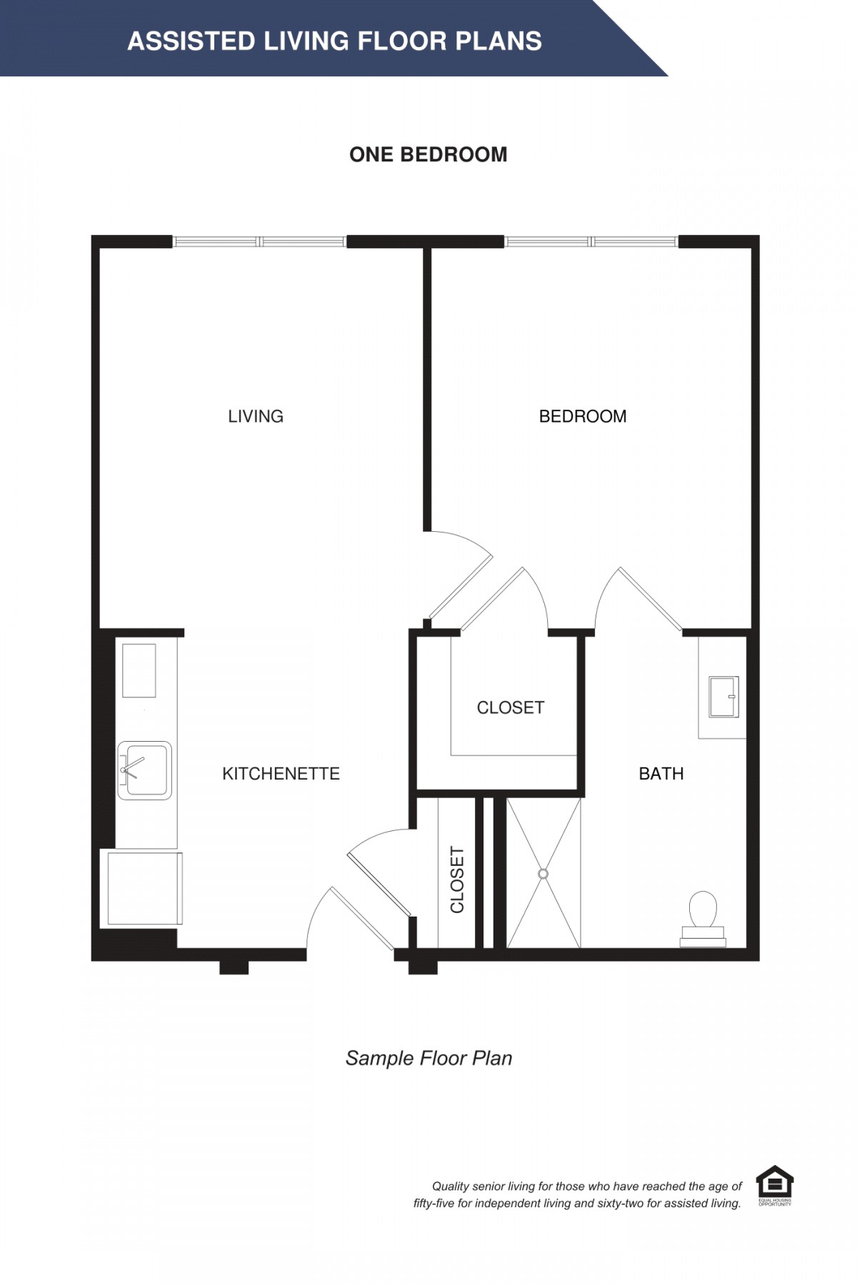 A simple one-bedroom apartment floor plan featuring a living room, kitchenette, bathroom, and closet.