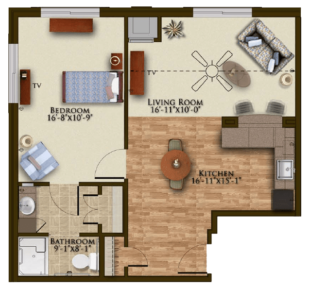 A floor plan of an apartment featuring a bedroom, kitchen, living room, and bathroom with furniture layout.