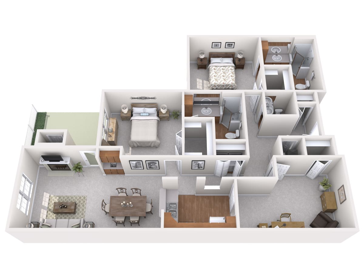 A 3D floor plan of a multi-room apartment layout.