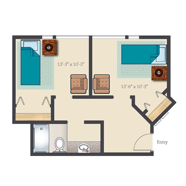 A floor plan of a two-bedroom apartment with a living room, kitchenette, and bathroom.