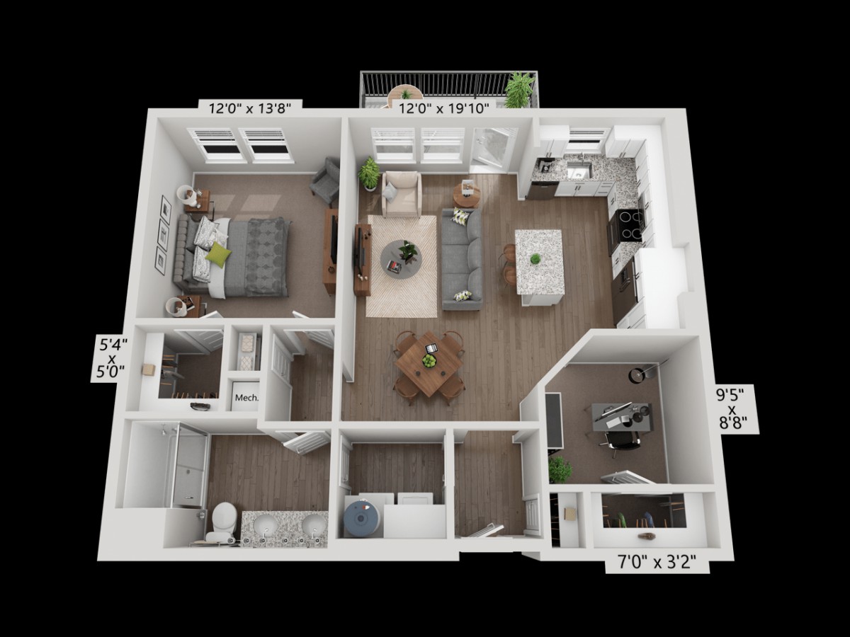 A 3D rendered floor plan of a modern apartment featuring a bedroom, living room, kitchen, and bathroom.