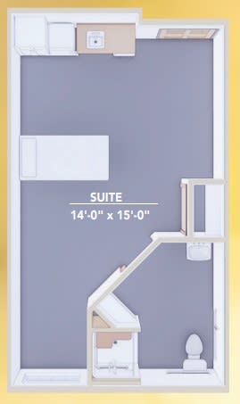 A minimalist floor plan showing a suite layout with dimensions.