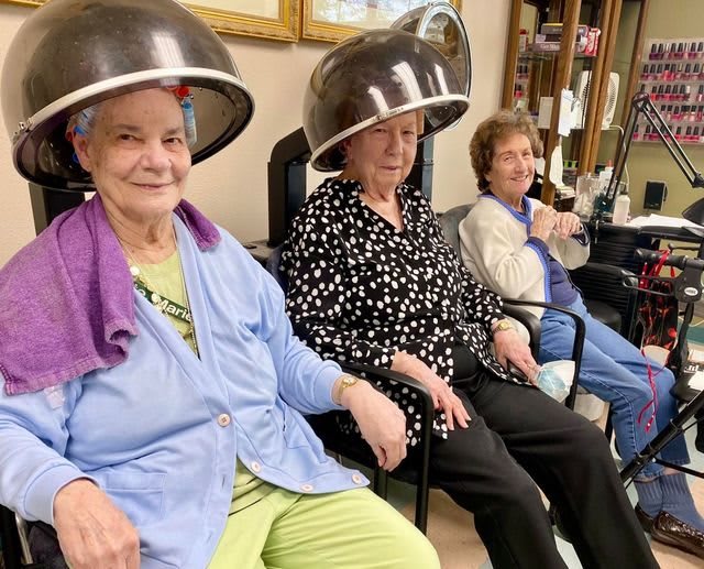Elderly women enjoying a relaxing visit to the hair salon under hooded hair dryers.