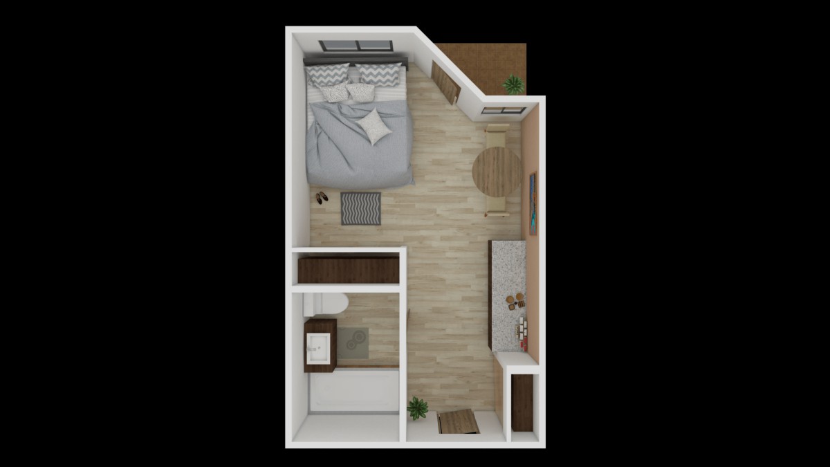 A compact floor plan of a one-bedroom apartment featuring an open living area and modern design.