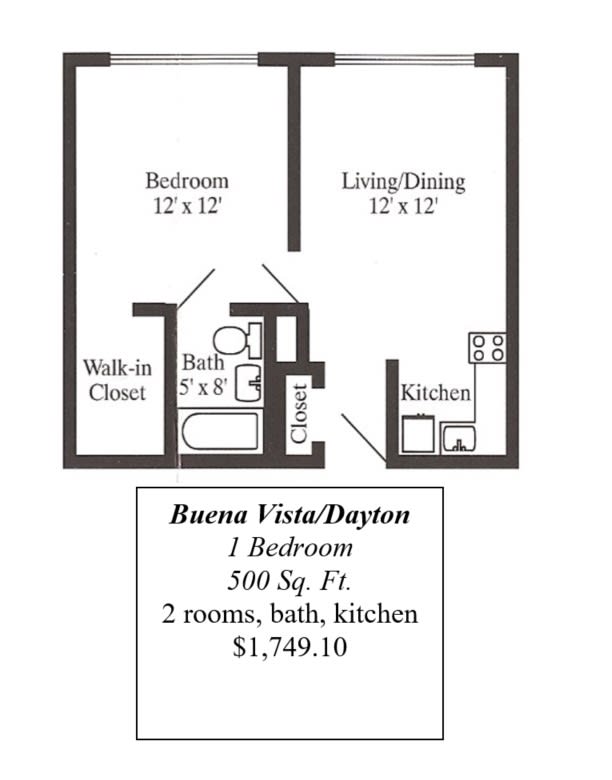 A floor plan of a Buena Vista/Dayton one-bedroom apartment, featuring 500 square feet with two rooms, a bathroom, and a kitchen for $1,749.10.