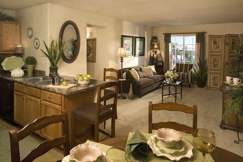 A cozy living space featuring a dining area, kitchen, and comfortable seating with green plants and homey decor.