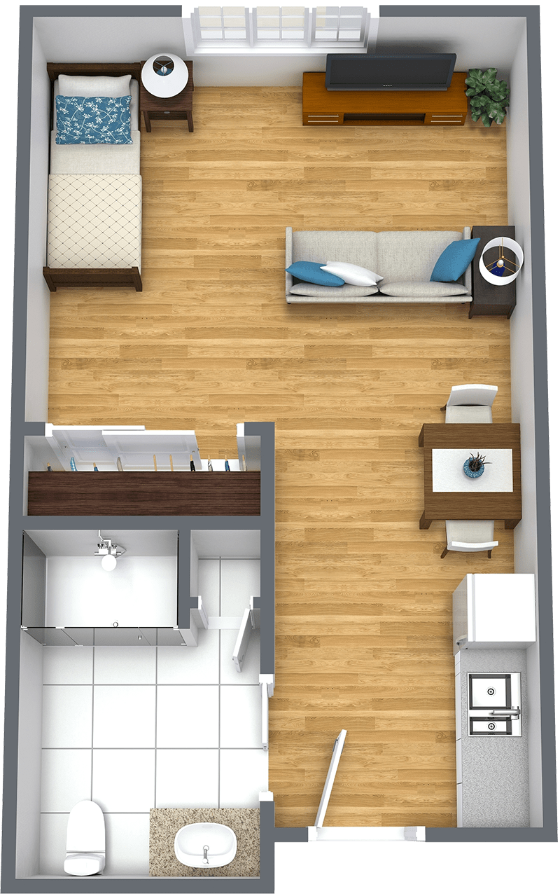 A modern apartment floor plan featuring a living room, kitchen, and dining area.