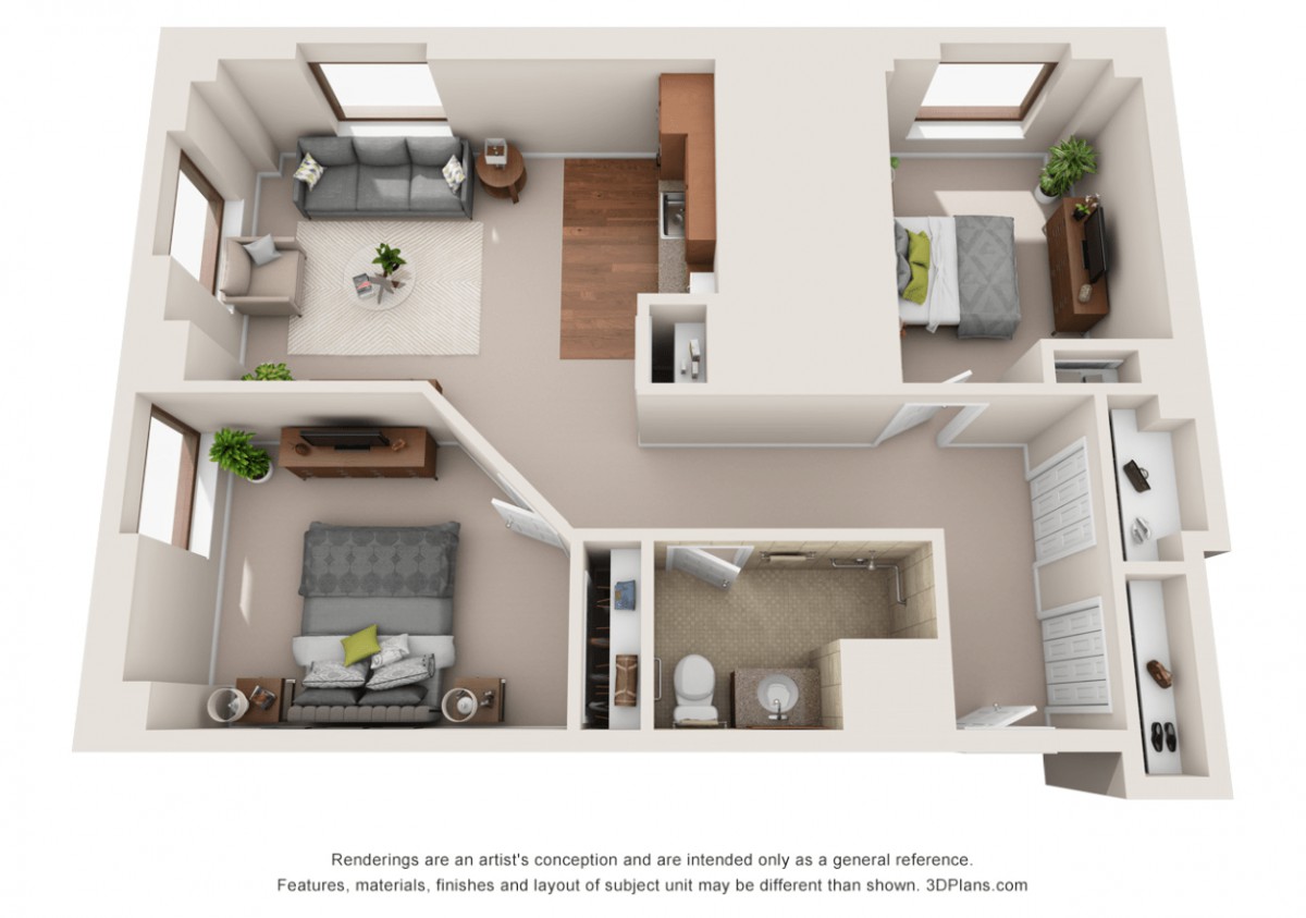 A 3D floor plan of a two-bedroom apartment with a living room, kitchen, and bathroom.