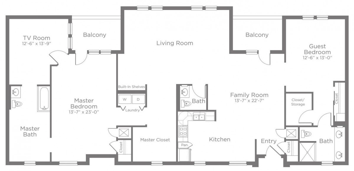 A detailed floor plan showing the layout of a living space, including rooms such as the living room, family room, kitchen, and bath.