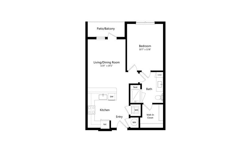 A floor plan of a one-bedroom apartment featuring a kitchen, living/dining room, bedroom, bathroom, and patio/balcony.