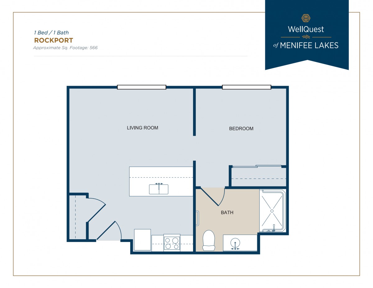 A detailed floor plan of a one-bedroom apartment, showing the layout of the living room, kitchen, and bathroom.