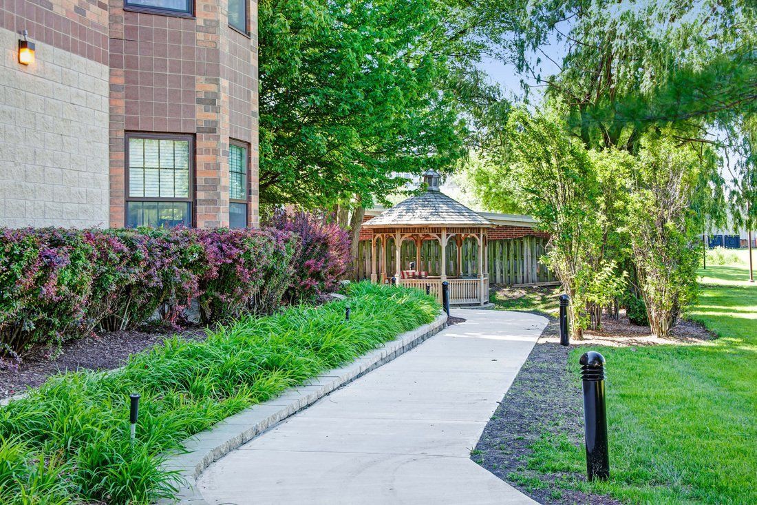 A serene garden pathway leading to a gazebo surrounded by lush greenery and trees.