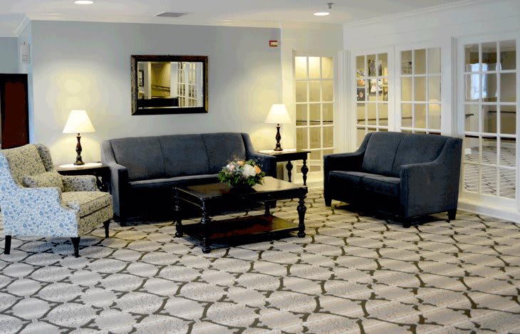 A cozy living room with elegant furnishings, including dark sofas, a patterned carpet, and a central coffee table.