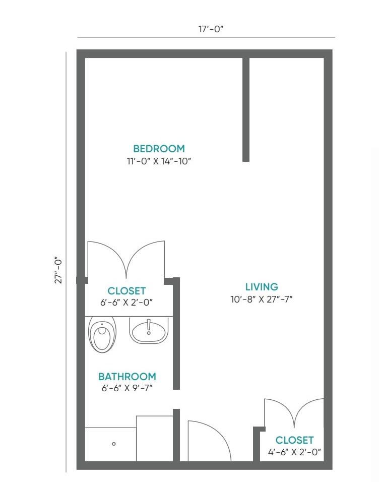 A simple floor plan of a one-bedroom apartment with labeled rooms.
