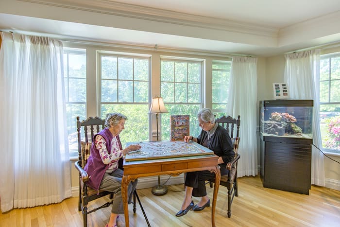 Two seniors working on a puzzle at a table in a sunlit room.