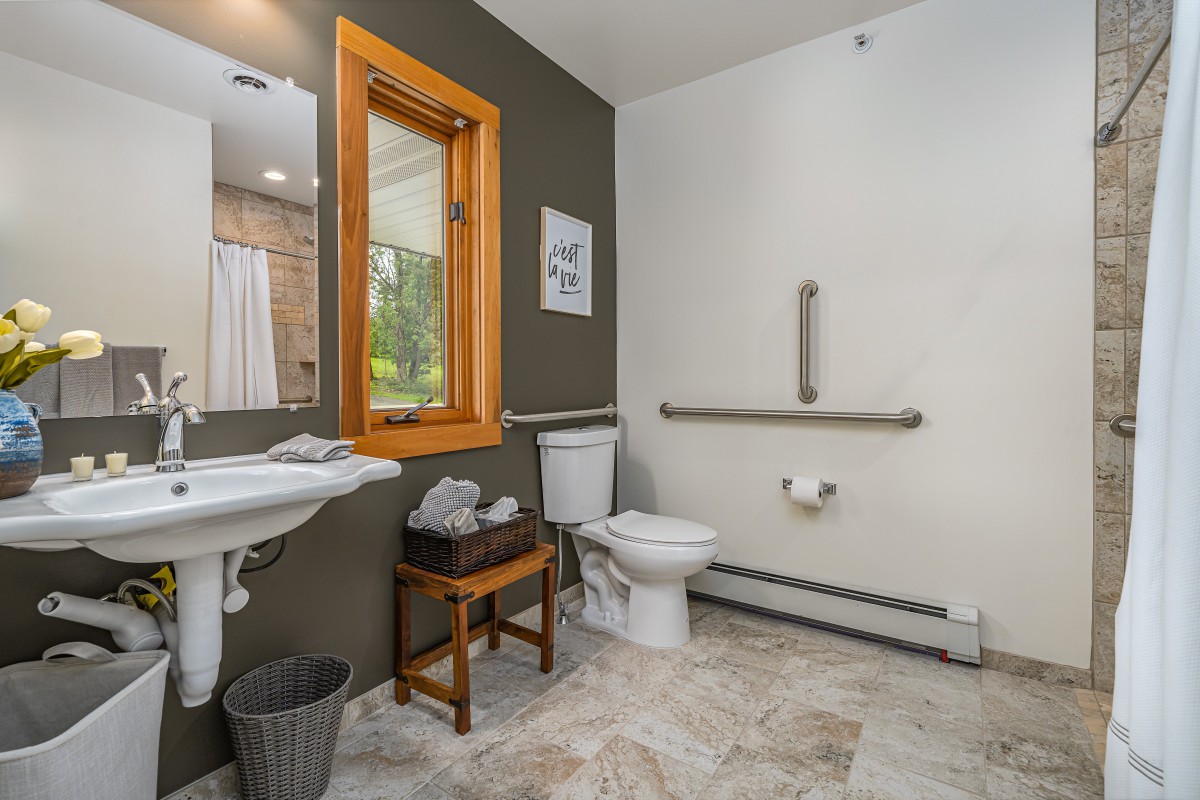 A wheelchair-accessible bathroom featuring a toilet with grab bars, a sink, and a mirror.