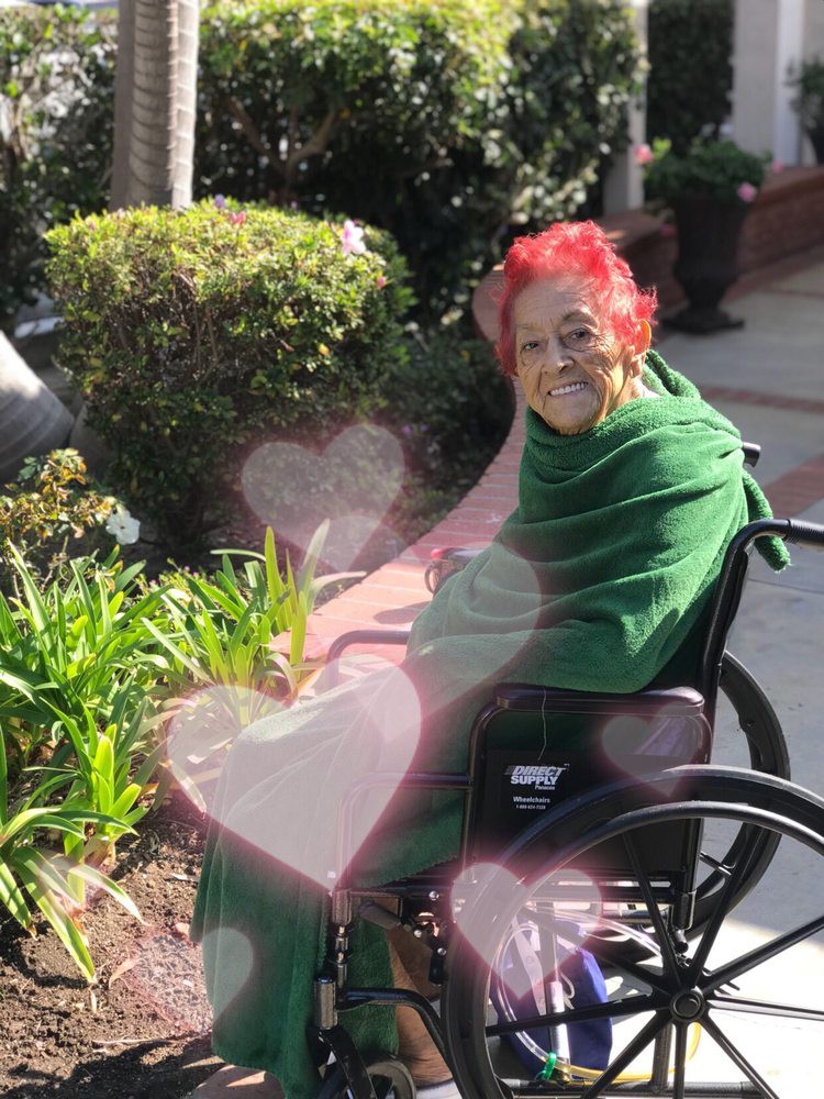 A person with vibrant hair sits in a wheelchair outdoors, wrapped in a green blanket and enjoying the sunny garden.
