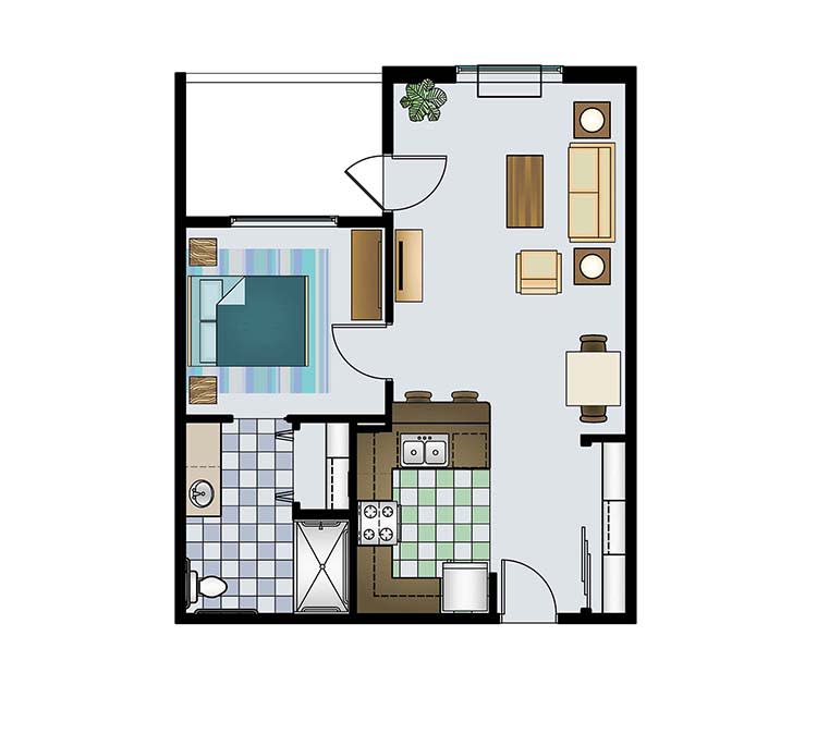 A floor plan of a one-bedroom apartment featuring a living room, kitchen, bathroom, and bedroom.