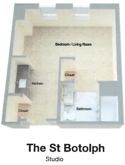 Studio apartment floor plan showing the layout of the kitchen, bathroom, and living areas.