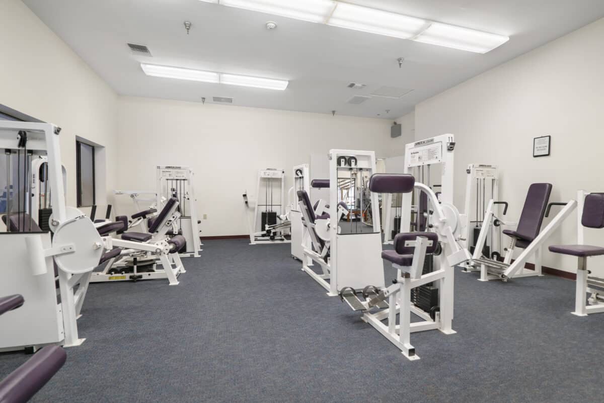 A gym interior with various exercise machines arranged neatly.