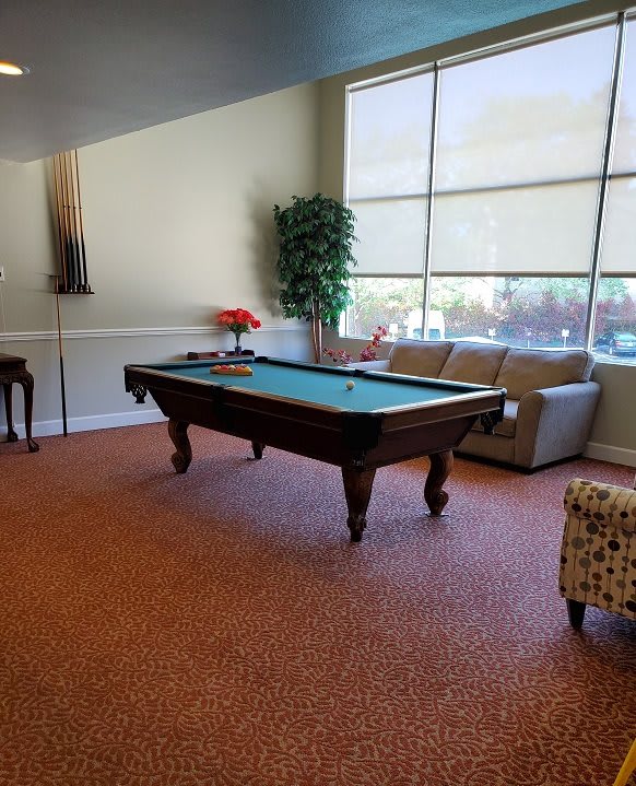 A cozy recreation room featuring a pool table, couch, and large windows.