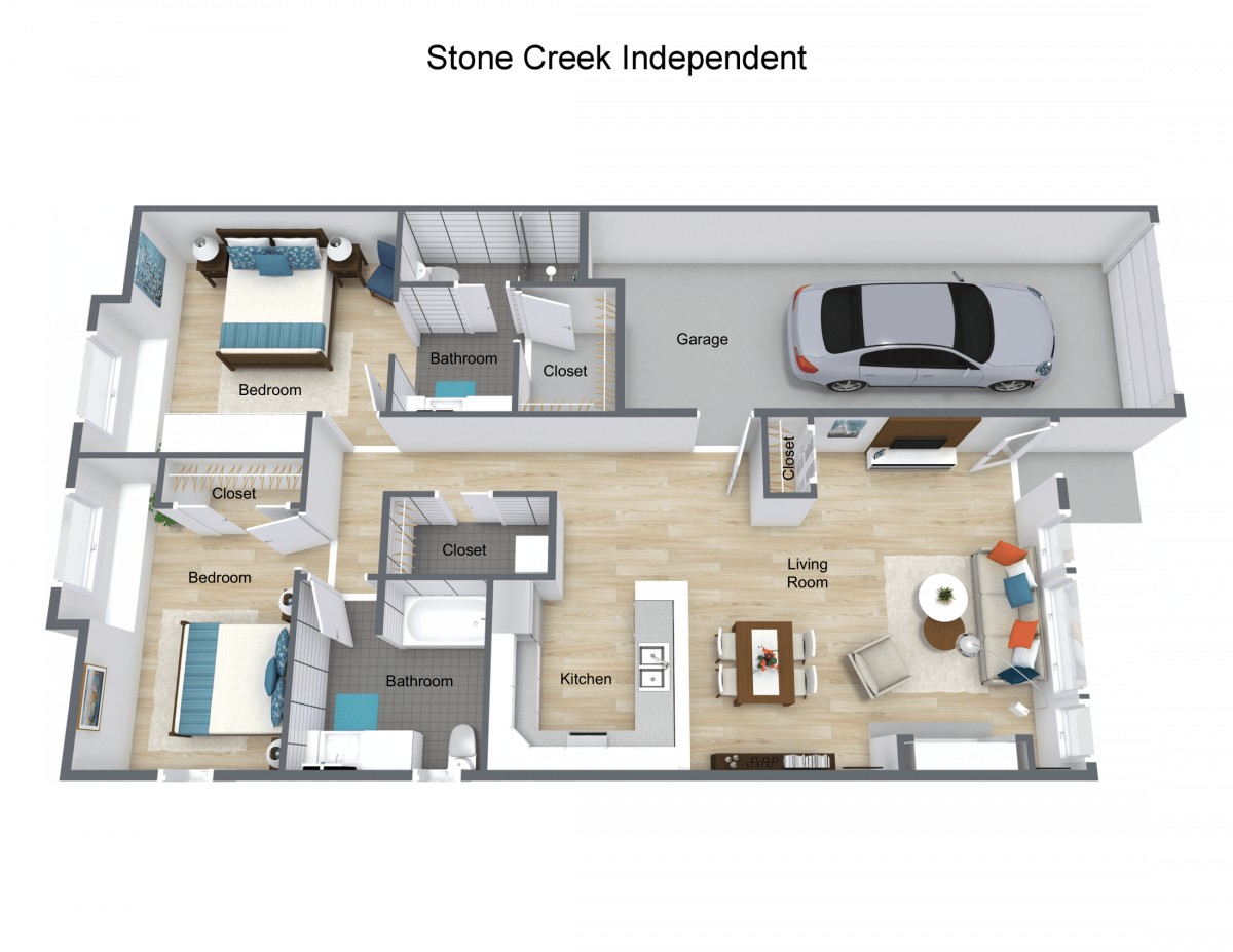 3D floor plan of Stone Creek Independent residence showing a detailed layout with bedrooms, living room, kitchen, bathrooms, and garage.