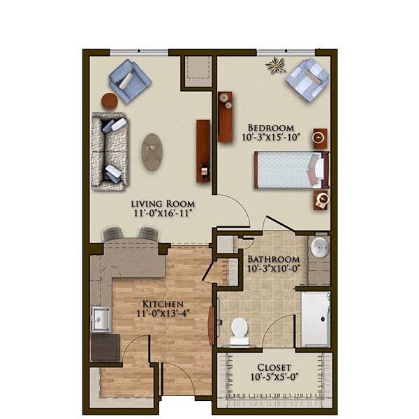 A floor plan of a one-bedroom apartment with a living room, kitchen, and bathroom.
